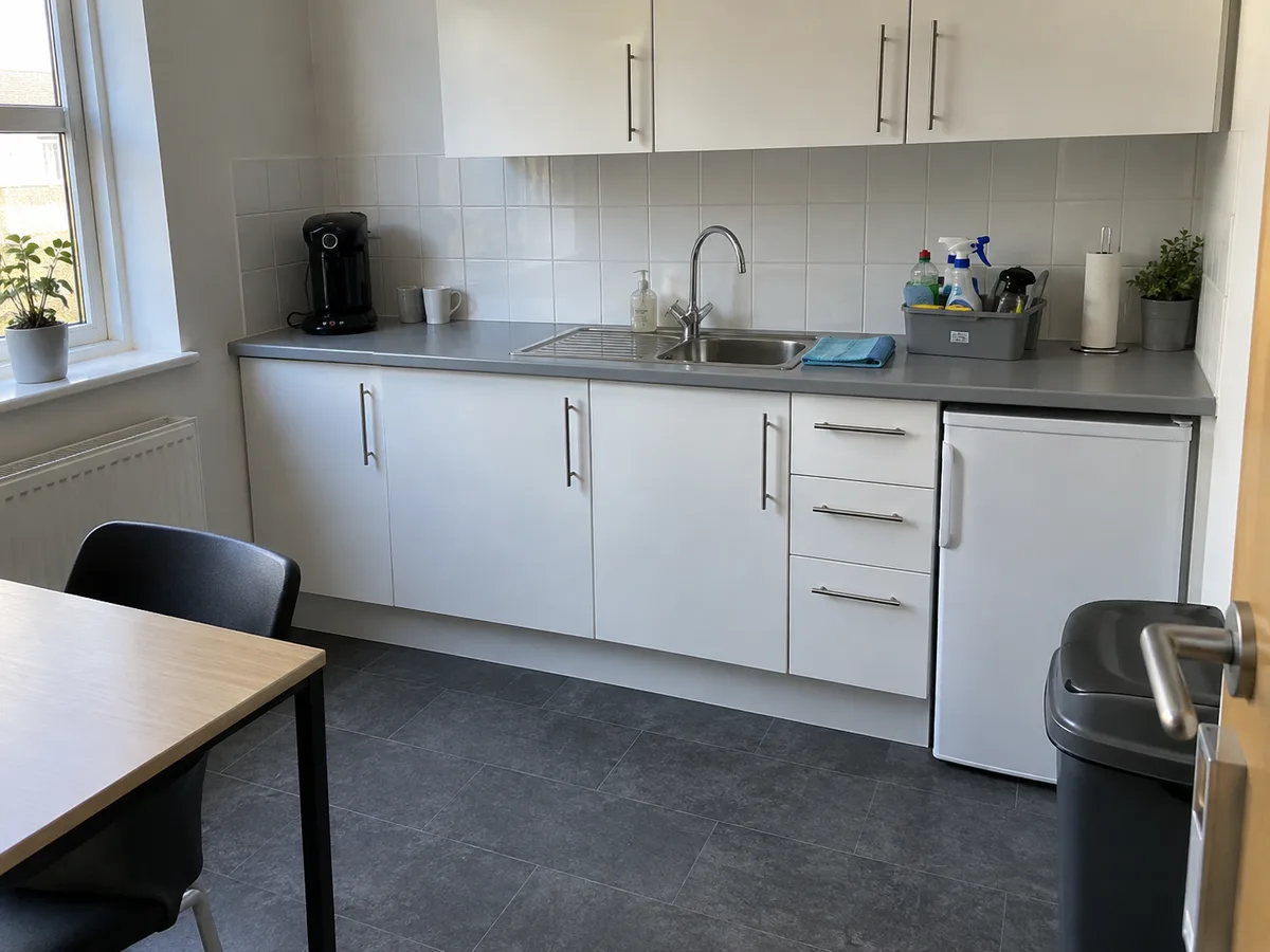 Illustrative photograph of a clean office kitchenette with a cloth and cleaning caddy